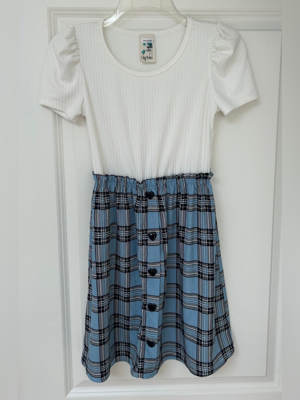 Lily Blue Girl’s White & Blue Plaid Dress with Puff Sleeves